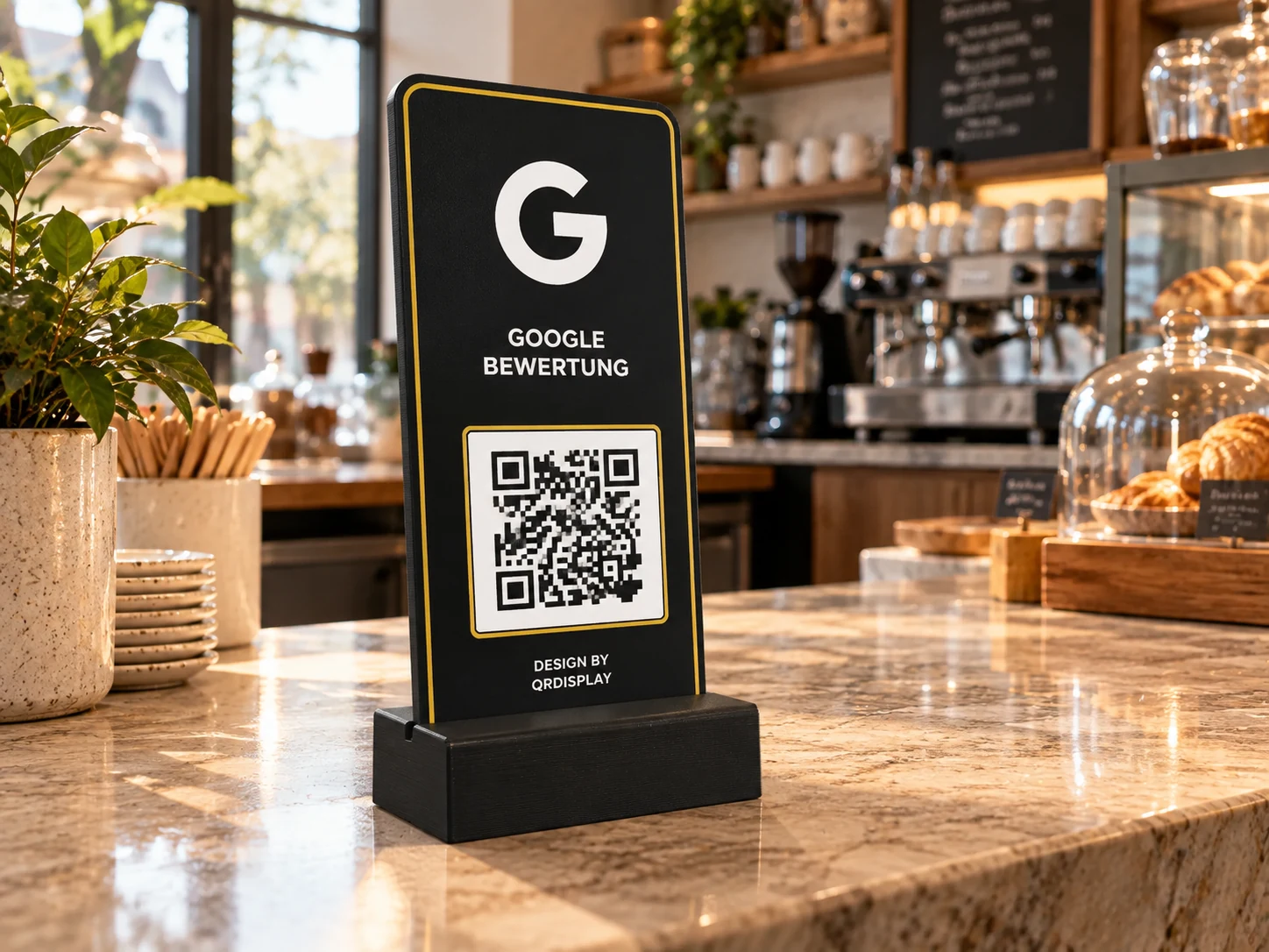 Business S – Produktvisualisierung im Cafétheke: Google-Bewertung, 1 QR-Felder.
